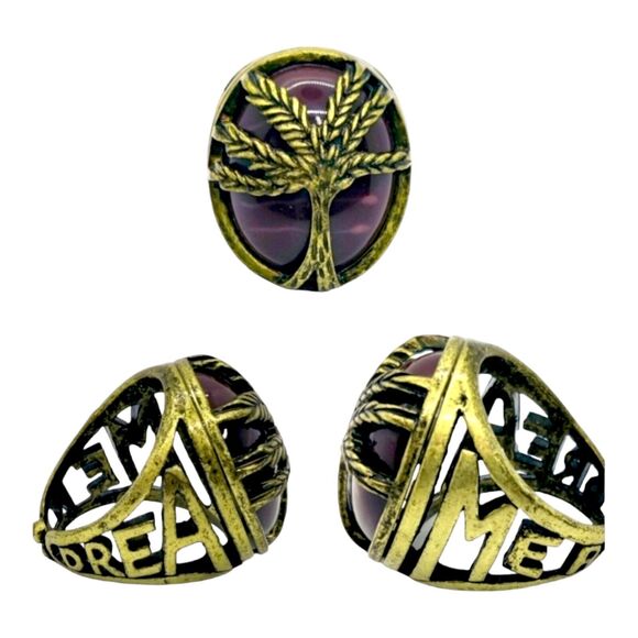 Gold Plated Burgundy Stone "Dreamer" Ring with Tree of Life Statement Ring - Picture 1 of 5